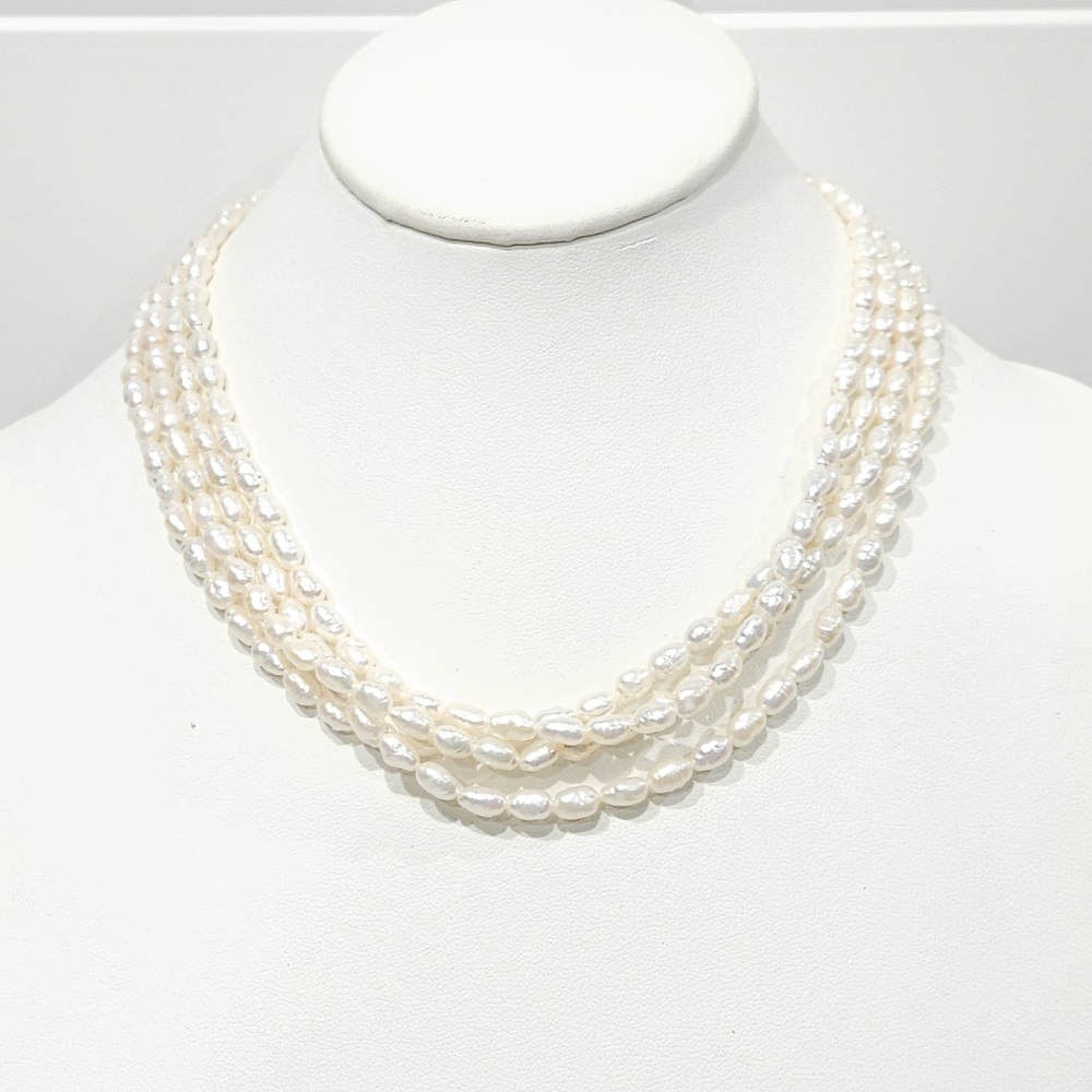 Vintage Pearl Necklace White Genuine Pearl Multistrand Layered Necklace 17-inch